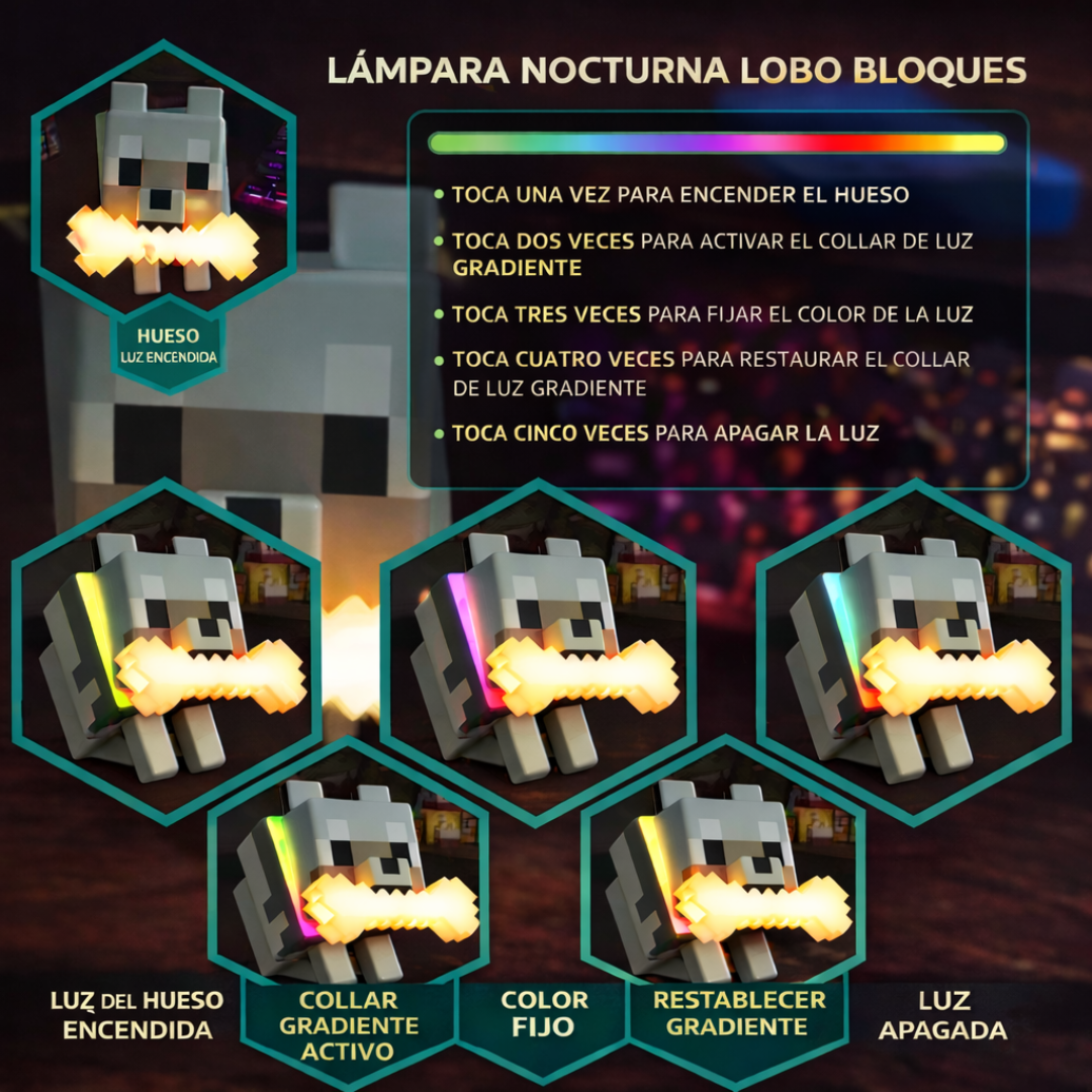 Lobo Pixel 3D con  Iluminación RGB Ambiental